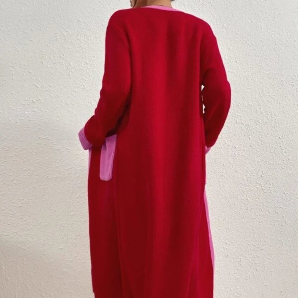 knit Open Front Colorblock Pocketed Cardigan Pink Red - Picture 6 of 10
